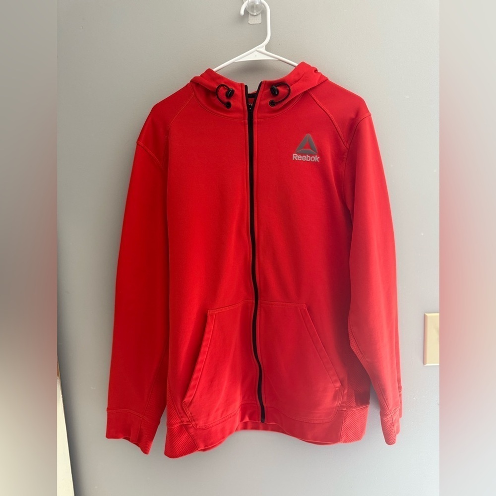 Reebok Full Zip Hooded Fleece Lined Jacket Mens SZ L Red Textured Outerwear